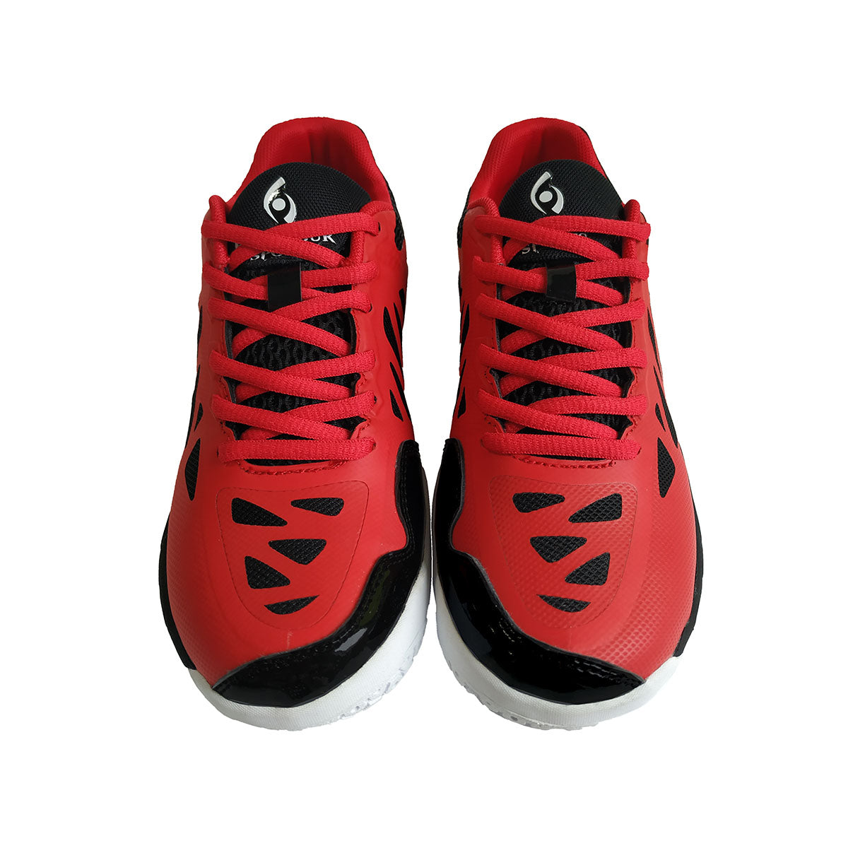 Red and black athletic shoes on a white background top of shoe